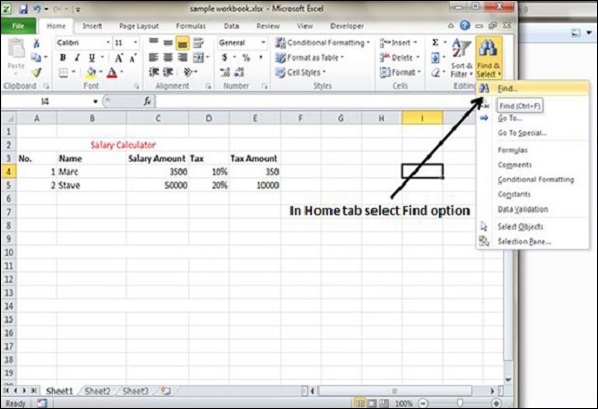 Find option in MS Excel